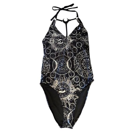 Killstar Black NEW Silver Lunar Tide One Piece Halter Swimsuit Size Small (6) - Picture 2 of 14